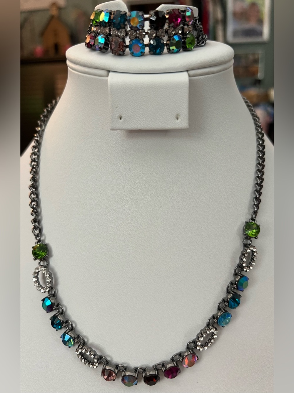 Paparazzi Multi-Color Crystal Gunmetal Statement Necklace & clasp bracelet
